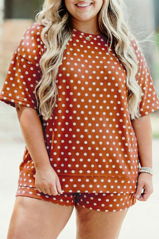 Brown Polka Dot Print Dropped Shoulder Tee Plus Size Short Set-Plus Size/Plus Size Loungewear-[Adult]-[Female]-Brown-1X-2022 Online Blue Zone Planet