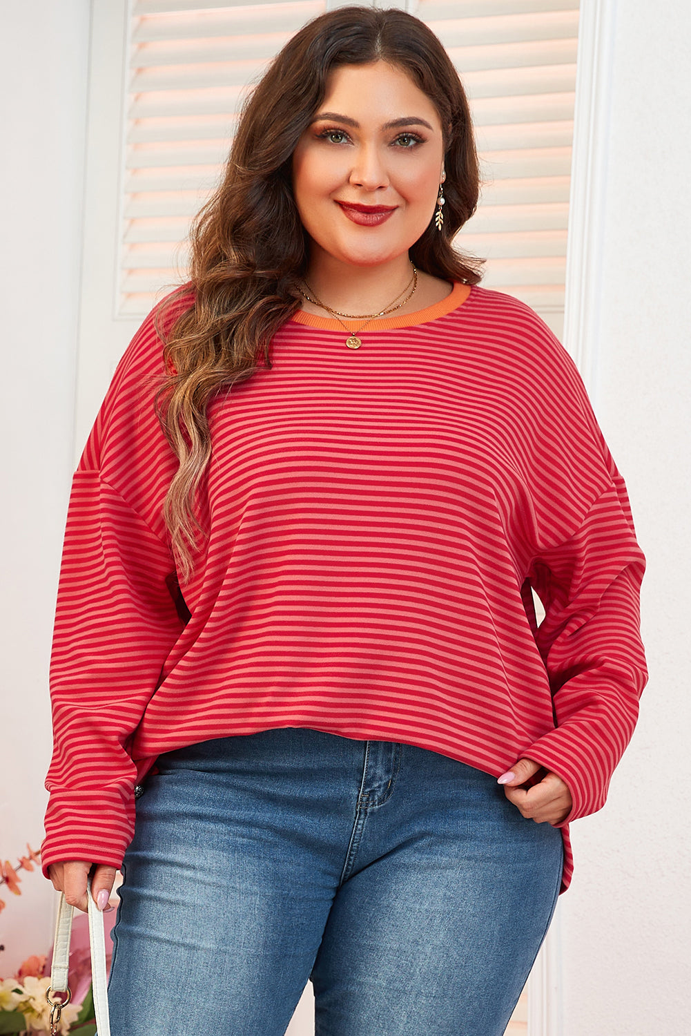 Orange Stripe Plus Size Drop Shoulder Long Sleeve Top-Plus Size Tops-[Adult]-[Female]-2022 Online Blue Zone Planet