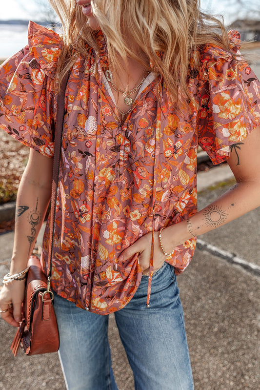 Orange Floral Print Ruffled Flutter Sleeve Frilled V Neck Blouse-Tops/Blouses & Shirts-[Adult]-[Female]-Orange-S-2022 Online Blue Zone Planet