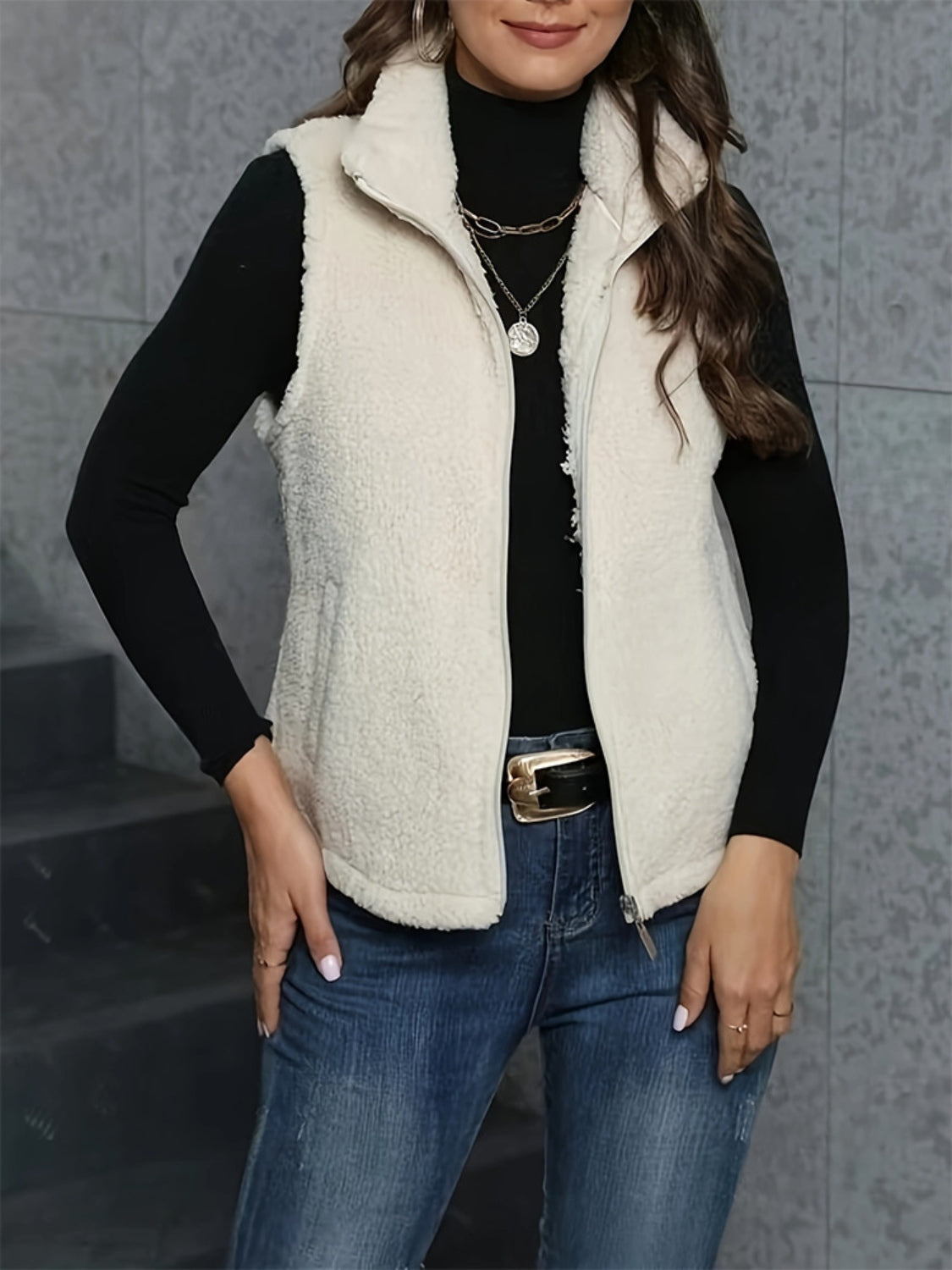 Zip Up Turtleneck Sherpa Vest Coat with Pockets-TOPS / DRESSES-[Adult]-[Female]-Cream-S-2022 Online Blue Zone Planet