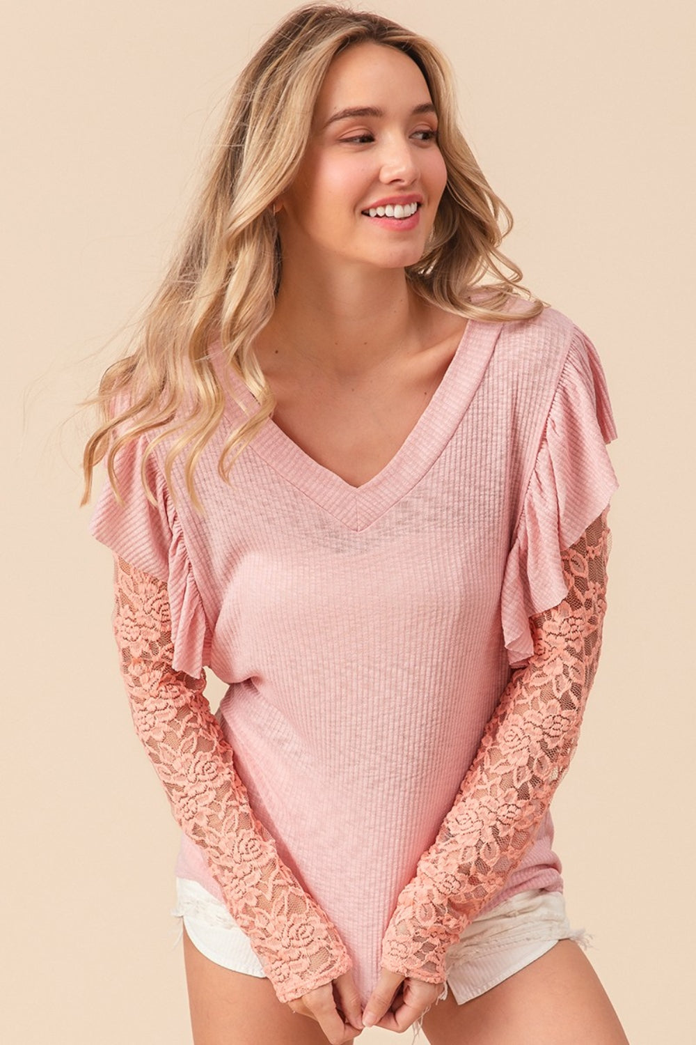 BiBi Ruffled Lace Sleeve Rib Knit Top-TOPS / DRESSES-[Adult]-[Female]-Blush Pink-S-2022 Online Blue Zone Planet