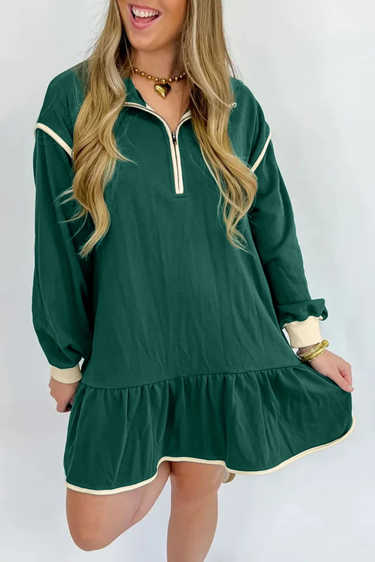 Evergreen Contrast Trim Zip Collar Long Sleeve Ruffle Hem Mini Dress-Dresses/Mini Dresses-[Adult]-[Female]-Evergreen-S-2022 Online Blue Zone Planet