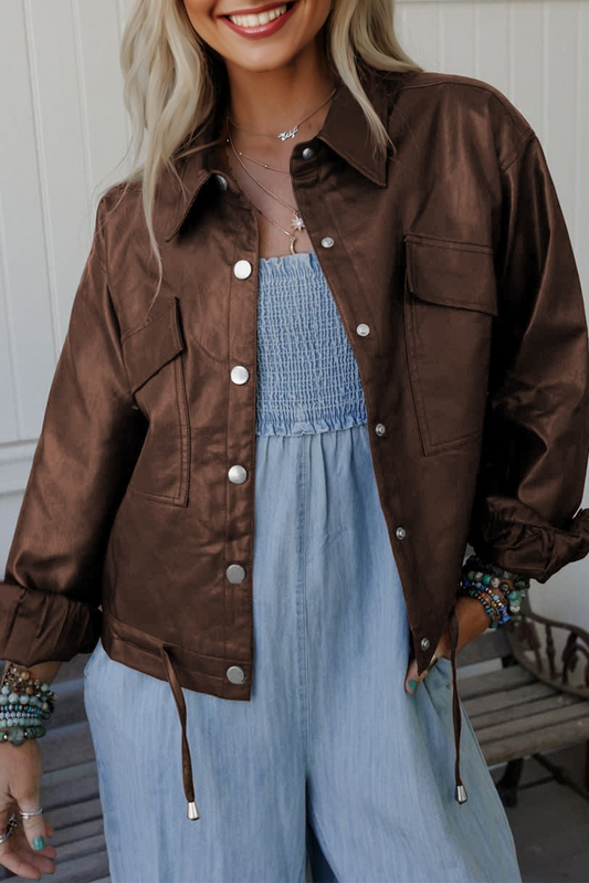 Chicory Coffee Double Flap Pocket Drawstring Hem Leather Jacket-Outerwear/Jackets-[Adult]-[Female]-2022 Online Blue Zone Planet