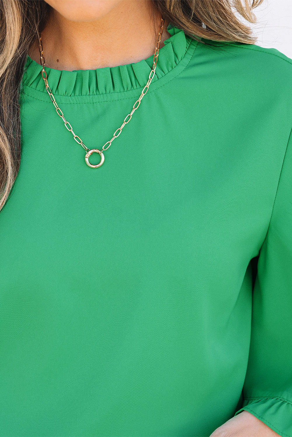 Blue Zone Planet | Green Frilly Round Neck Wide Half Sleeve Blouse-Tops/Blouses & Shirts-[Adult]-[Female]-2022 Online Blue Zone Planet