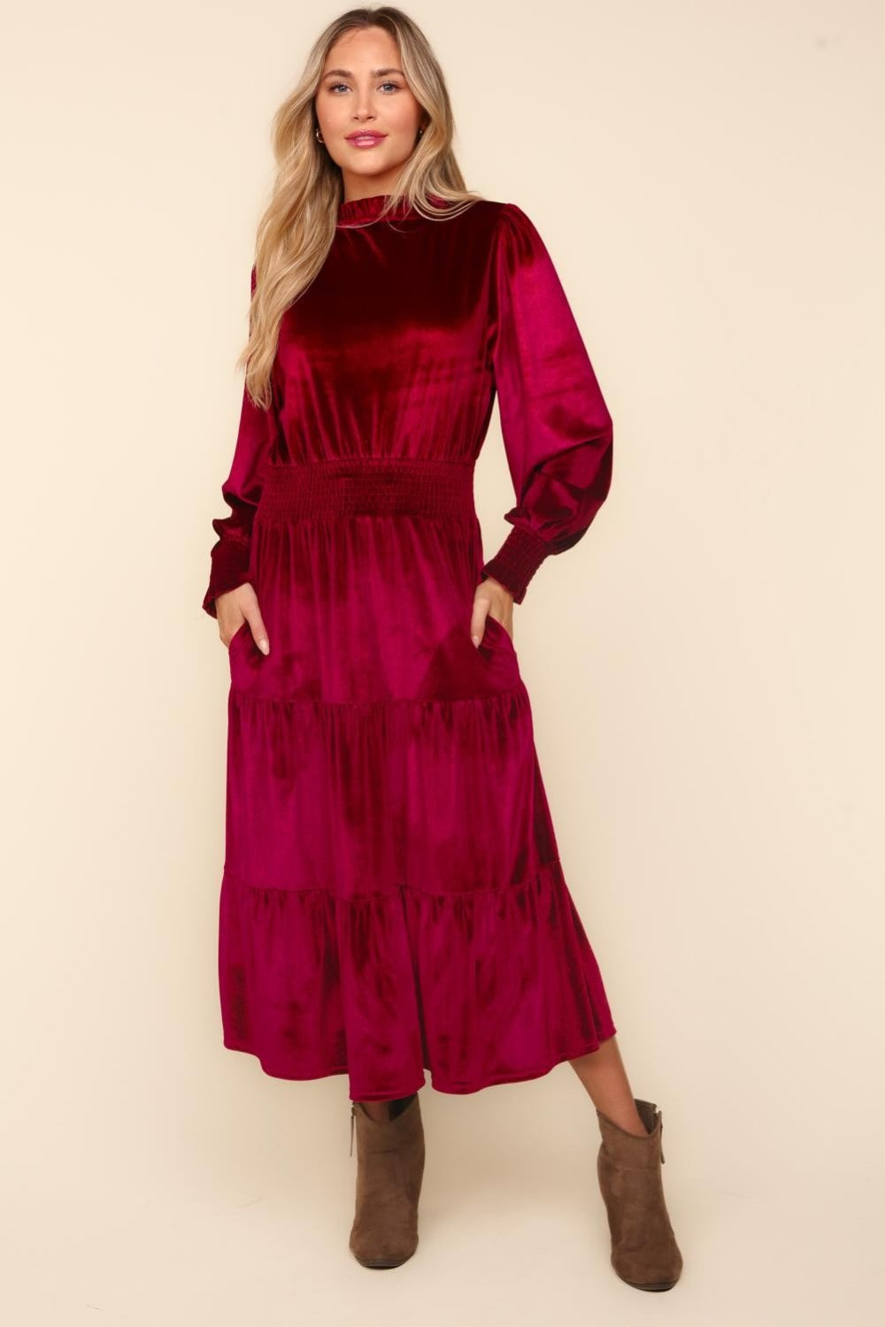 Haptics Mock Neck Smocked Waist Velvet Tiered Dress-TOPS / DRESSES-[Adult]-[Female]-Burgundy-S-2022 Online Blue Zone Planet