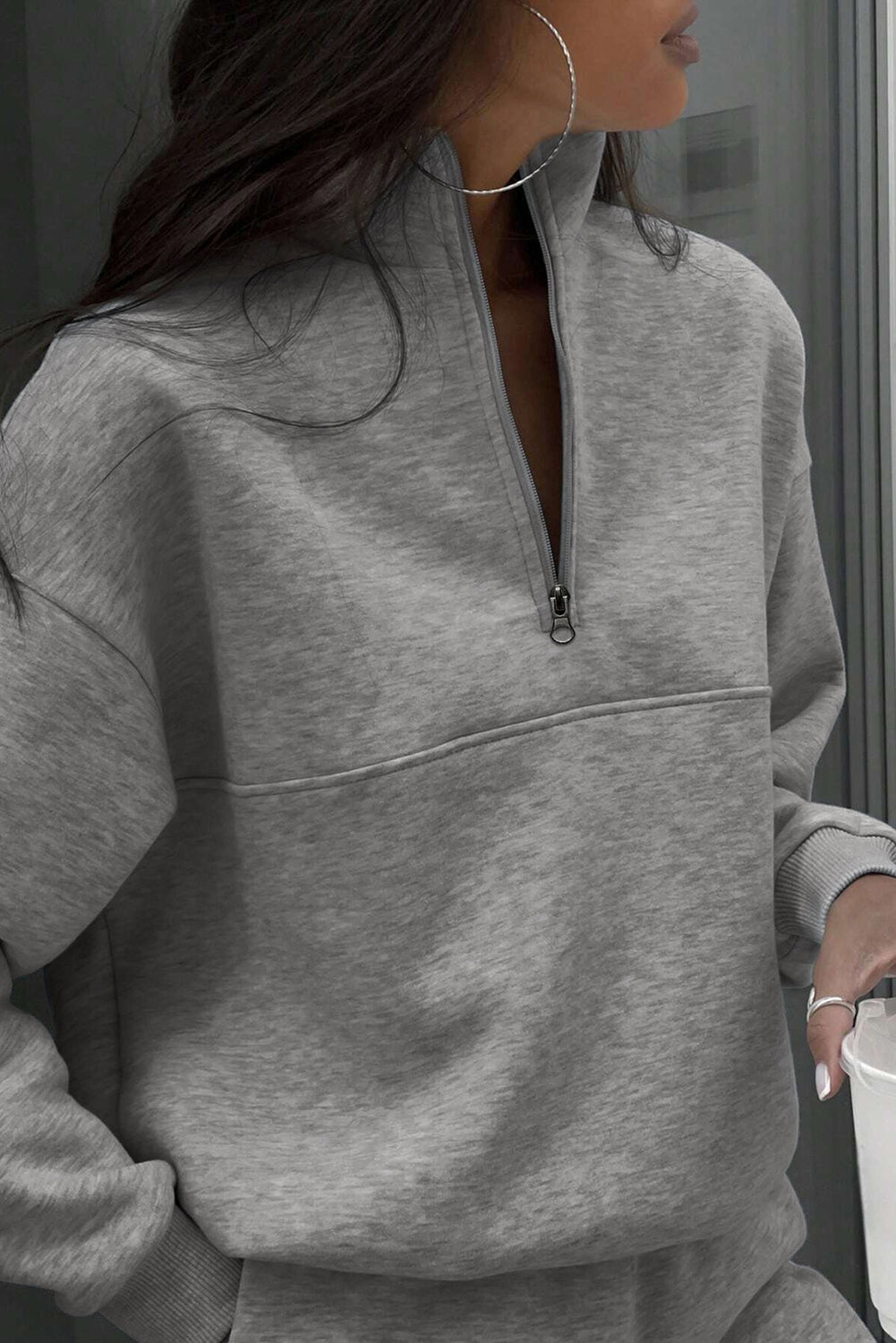 Light Grey Half Zip Drop Shoulder Sweatshirt And Sweatpants Two Piece Set-Two Piece Pants Sets-[Adult]-[Female]-2022 Online Blue Zone Planet