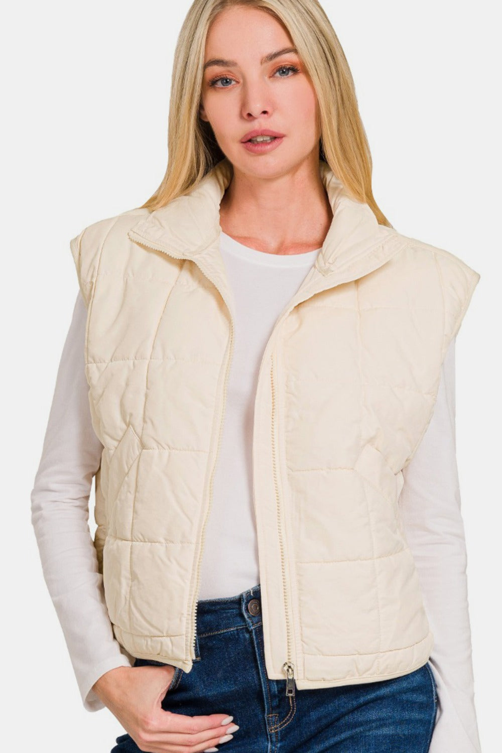 Blue Zone Planet | Zenana Zip Up Cropped Puffer Vest with Pockets-TOPS / DRESSES-[Adult]-[Female]-Cream-S-2022 Online Blue Zone Planet