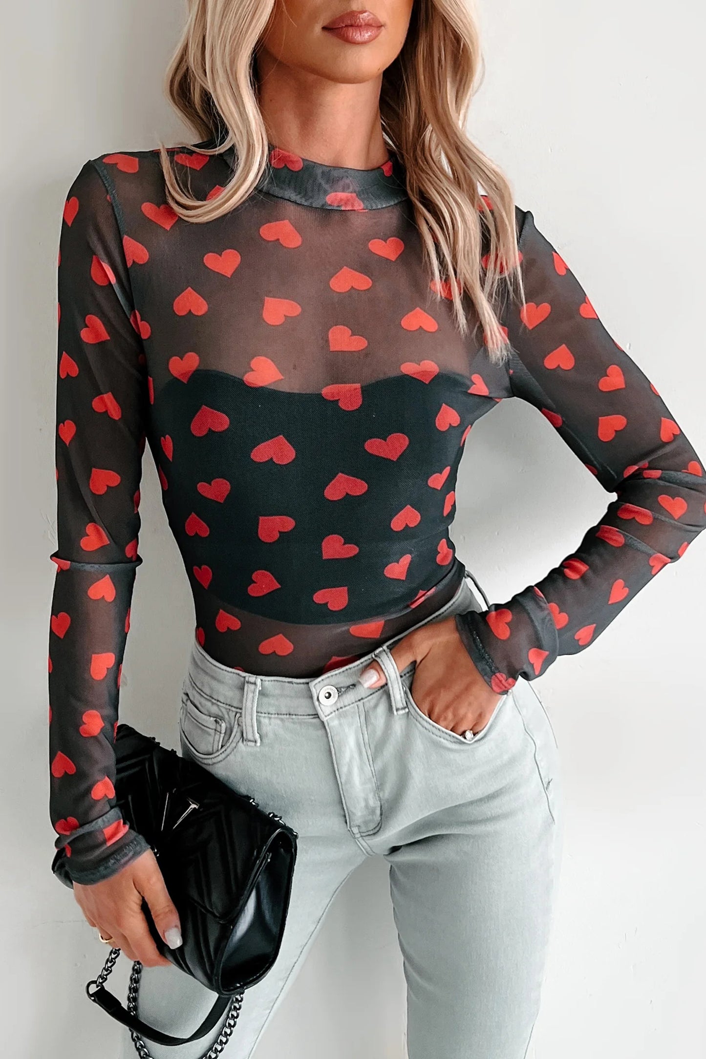 Black Valentines Heart Printed Sheer Mesh Long Sleeve Top-Tops/Long Sleeve Tops-[Adult]-[Female]-2022 Online Blue Zone Planet
