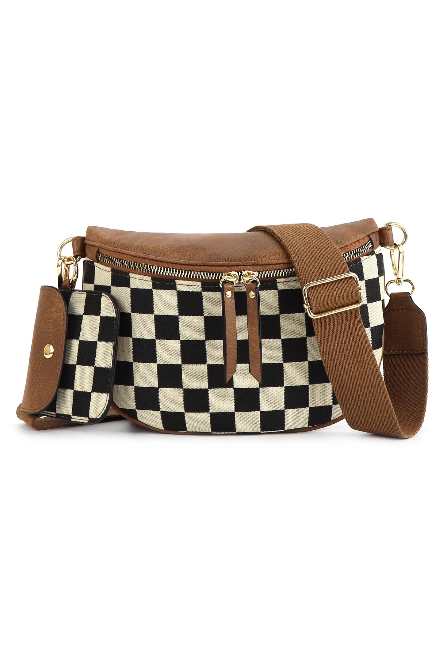 Coffee PU Leather Checkered Knit Patchwork Wallet Attached Shoulder Bag-Shoes & Bags/Shoulder Bags-[Adult]-[Female]-2022 Online Blue Zone Planet