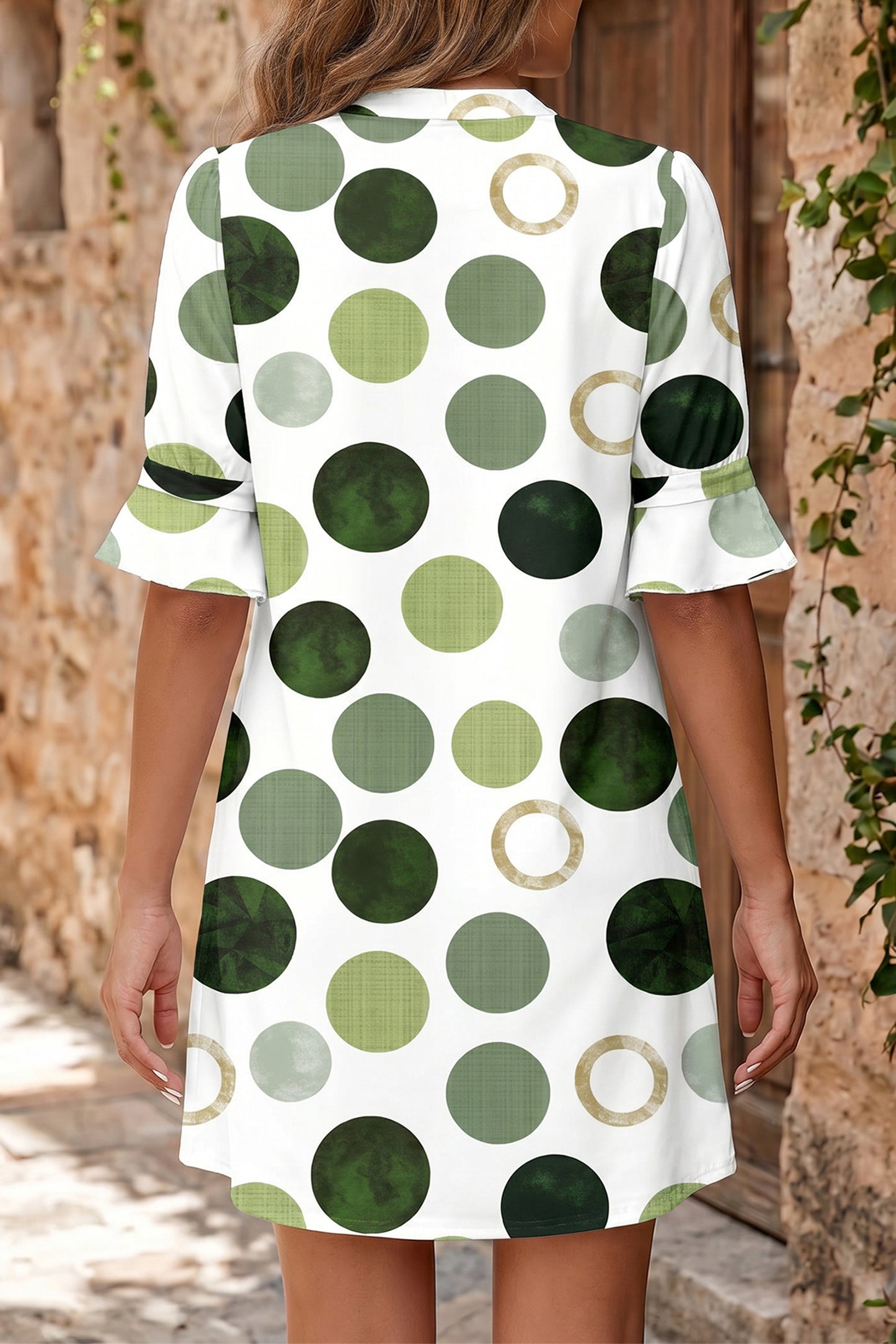 Green Polka Dot Print Flounced Half Sleeve Casual Vacation Style Mini Dress-TOPS / DRESSES-[Adult]-[Female]-2022 Online Blue Zone Planet
