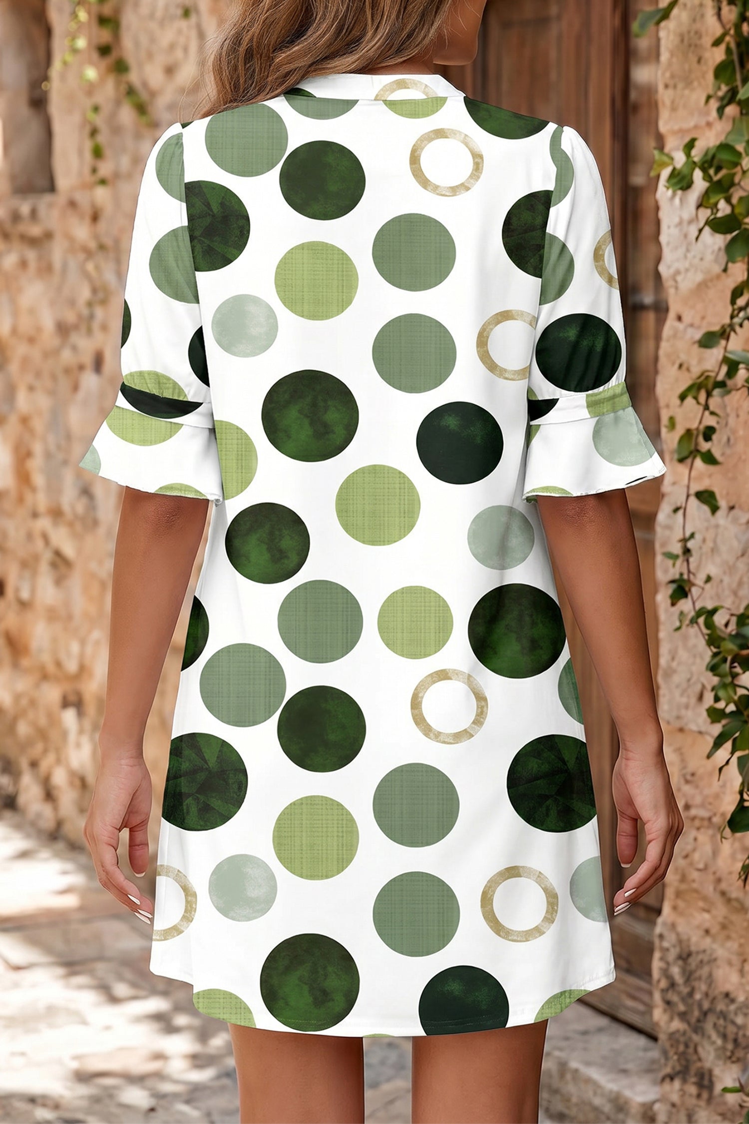 Green Polka Dot Print Flounced Half Sleeve Casual Vacation Style Mini Dress-TOPS / DRESSES-[Adult]-[Female]-2022 Online Blue Zone Planet