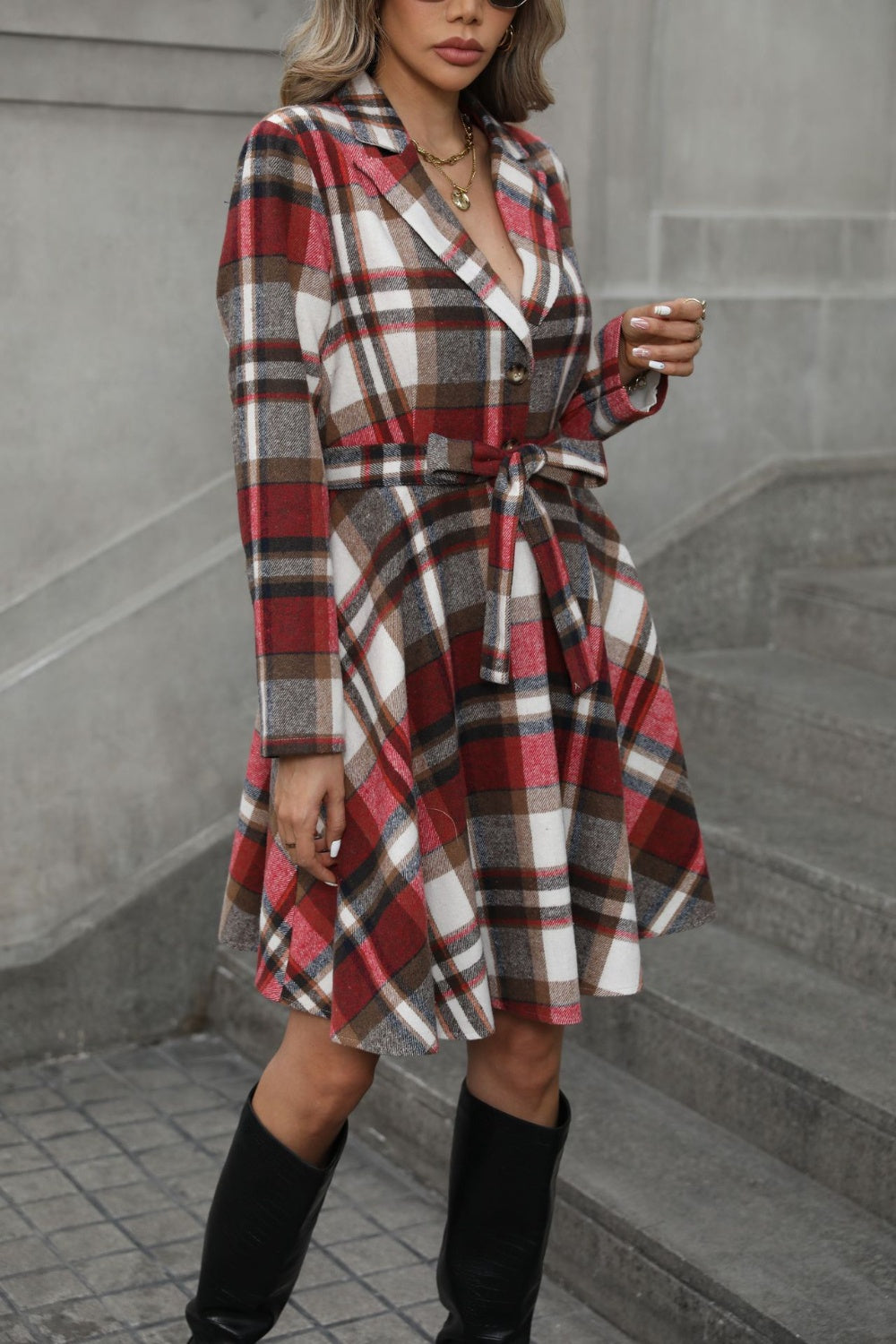 Plaid Tie Waist Long Sleeve Outerwear-TOPS / DRESSES-[Adult]-[Female]-2022 Online Blue Zone Planet