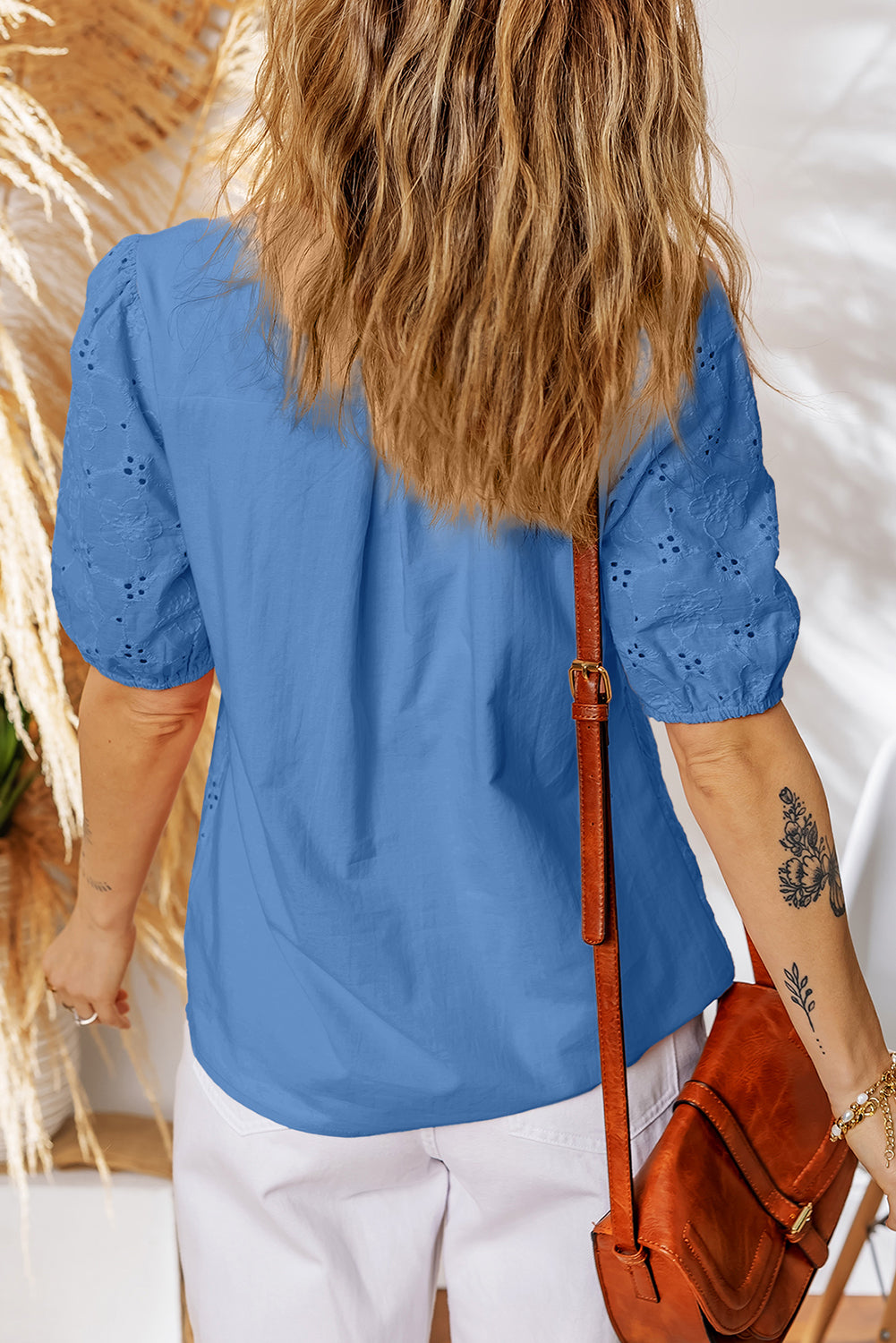 Sky Blue Lace Crochet V Neck Half Sleeve Embroidery Button Down Blouses Casual Shirts-Blouses & Shirts-[Adult]-[Female]-2022 Online Blue Zone Planet