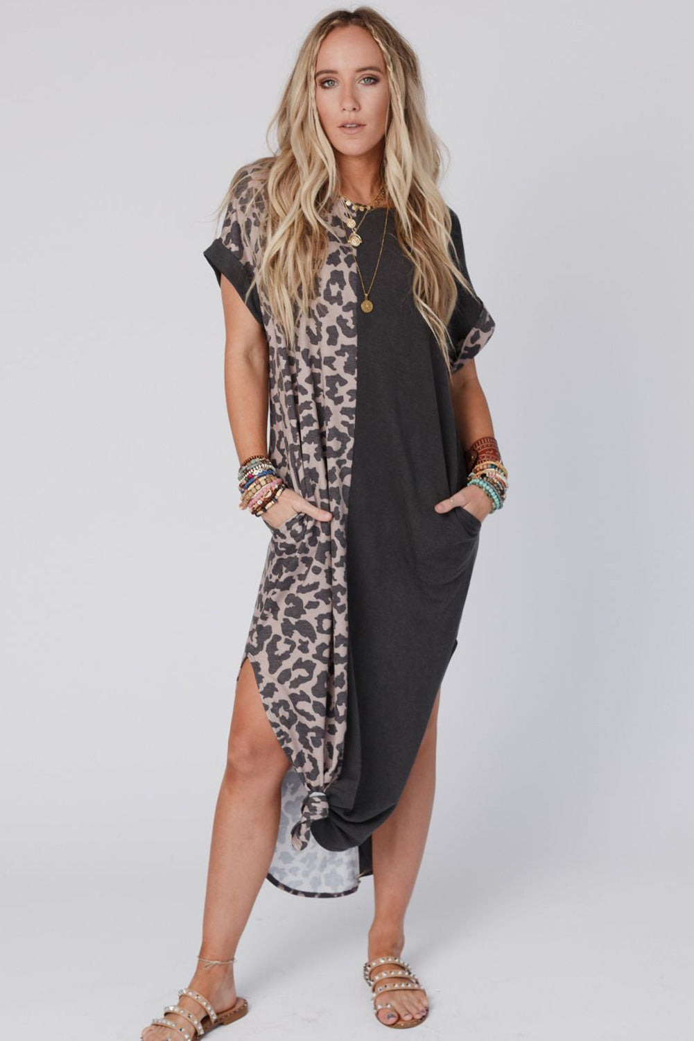 Black Contrast Solid Leopard Short Sleeve T-shirt Dress with Slits Blue Zone Planet