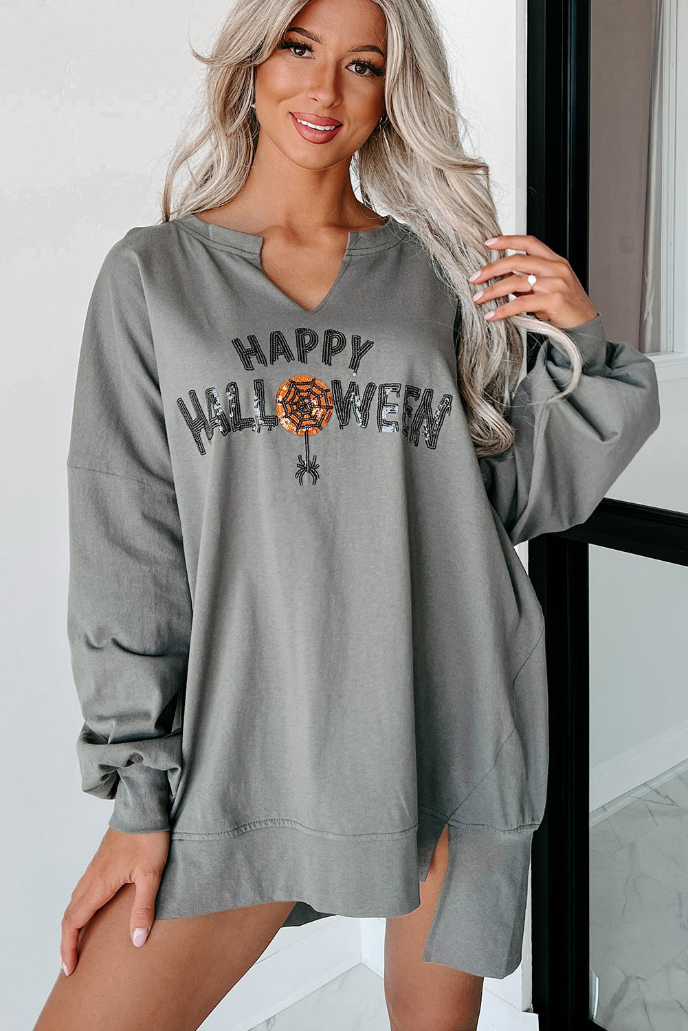 Medium Grey Sequin Happy Halloween Graphic Notched Neck Long Sleeve Loose Top-Graphic/Graphic Long Sleeve Tees-[Adult]-[Female]-2022 Online Blue Zone Planet