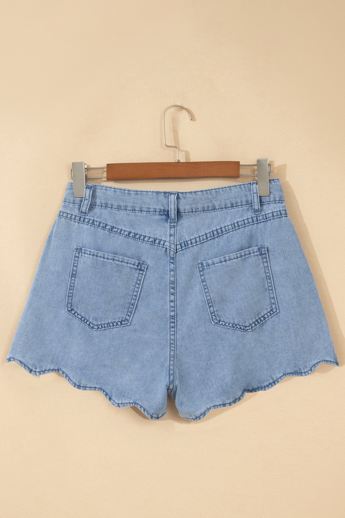 Myosotis Solid Color Scalloped Trim Casual Denim Shorts-Bottoms/Denim Shorts-[Adult]-[Female]-2022 Online Blue Zone Planet