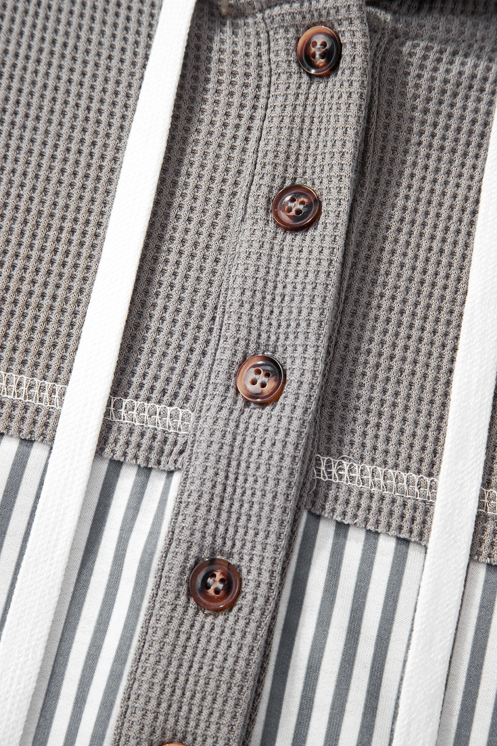 Gray Waffle Printed Patchwork Drawstring Hooded Long Sleeve Top-Tops / Dresses-[Adult]-[Female]-2022 Online Blue Zone Planet