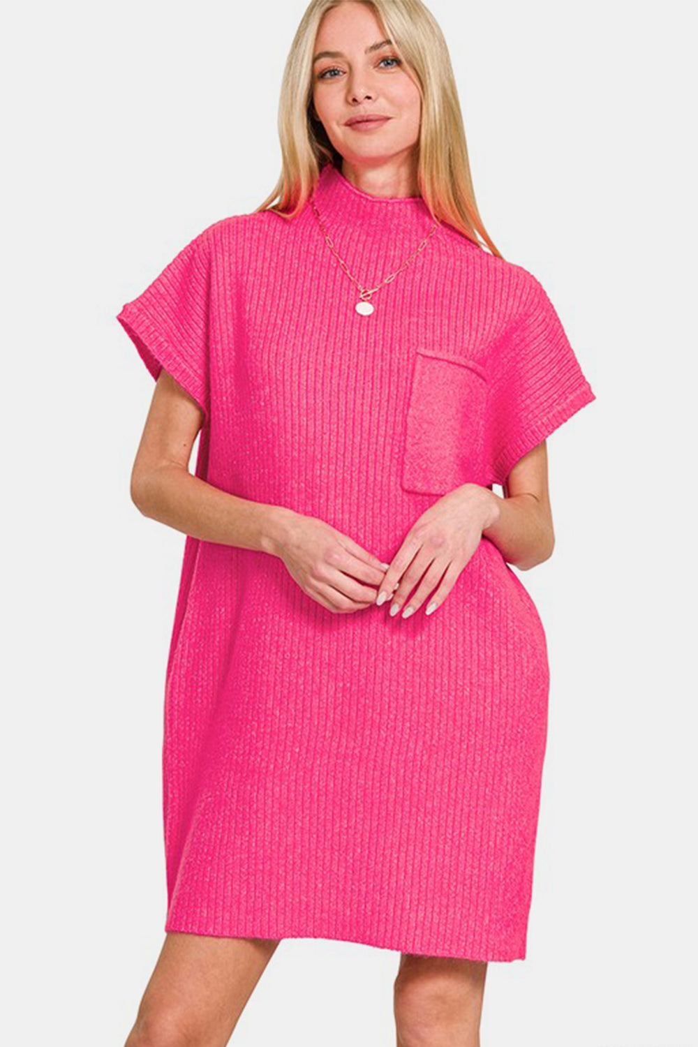 Zenana Short Sleeve Sweater Mini Dress-TOPS / DRESSES-[Adult]-[Female]-Hot Pink-S-2022 Online Blue Zone Planet