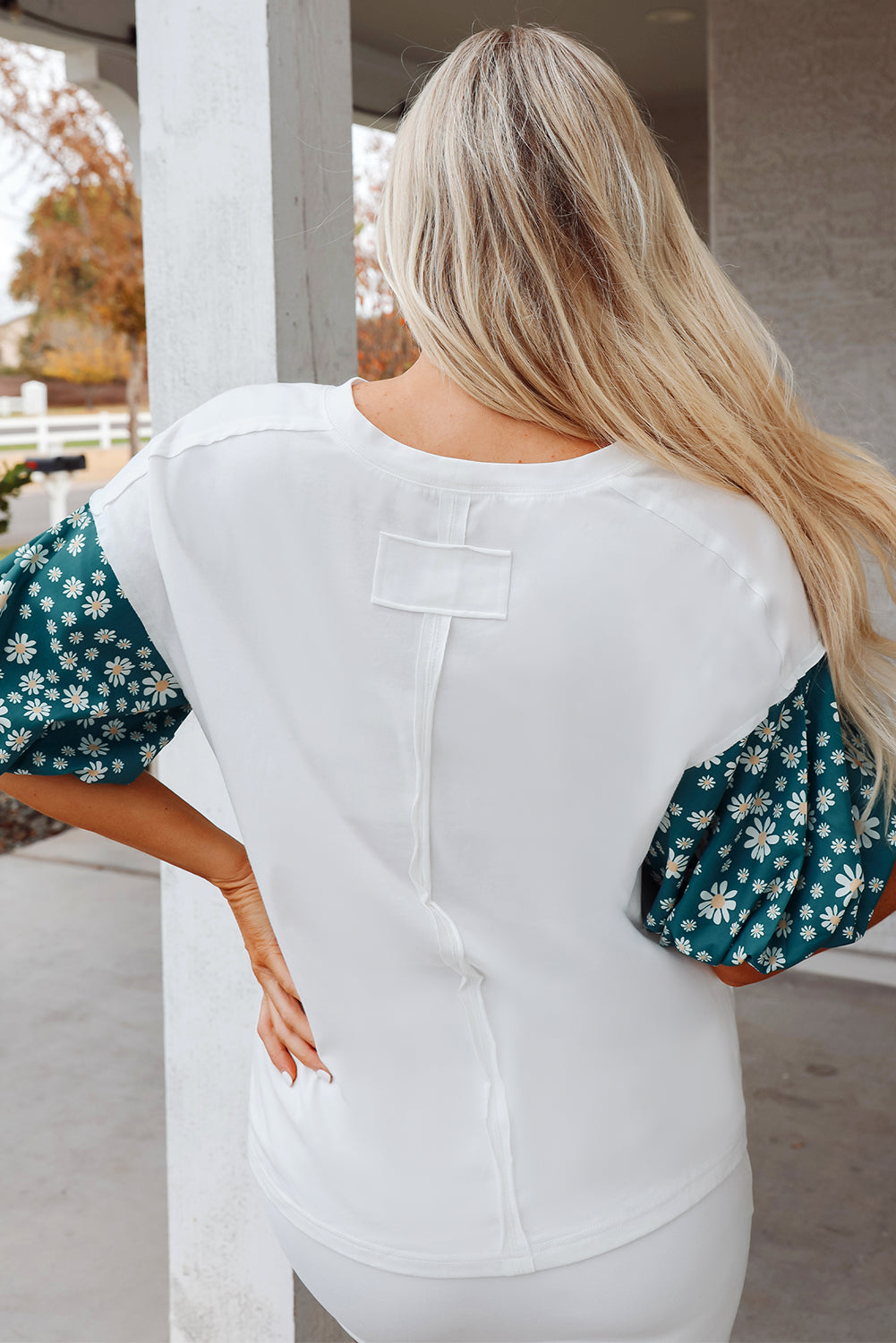 White Contrast Floral Puff Sleeve Oversized Top-Tops/Tops & Tees-[Adult]-[Female]-2022 Online Blue Zone Planet