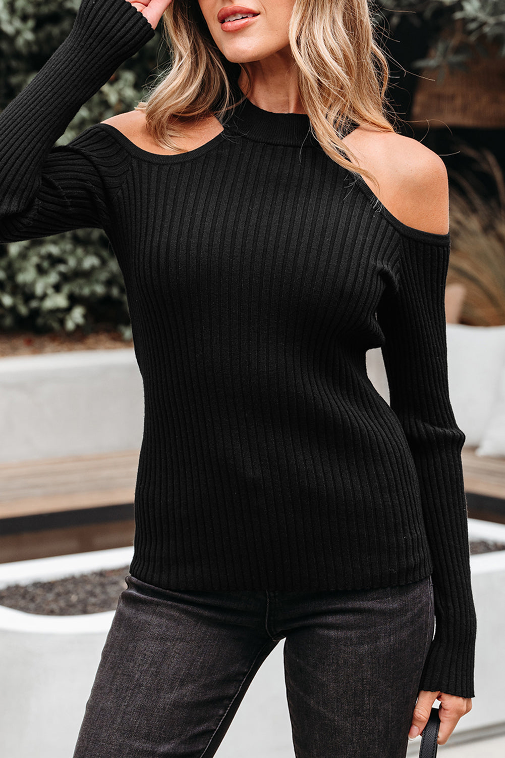 Black Ribbed Knit Cold Shoulder Choker Neck Sweater-TOPS / DRESSES-[Adult]-[Female]-2022 Online Blue Zone Planet