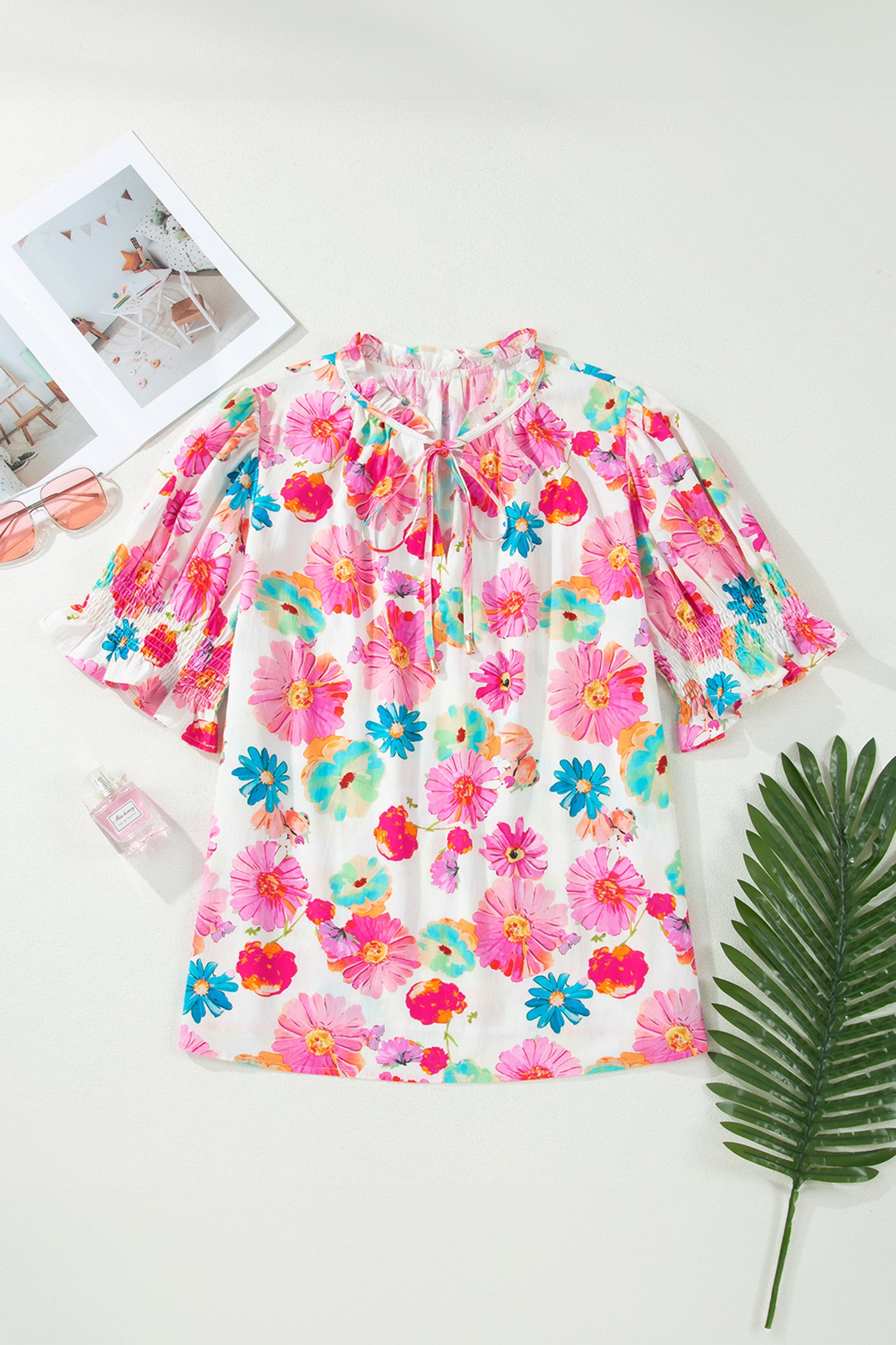 Pink Plus Size Floral Print Ruched Short Sleeve Blouse-Plus Size/Plus Size Tops/Plus Size Blouses & Shirts-[Adult]-[Female]-2022 Online Blue Zone Planet