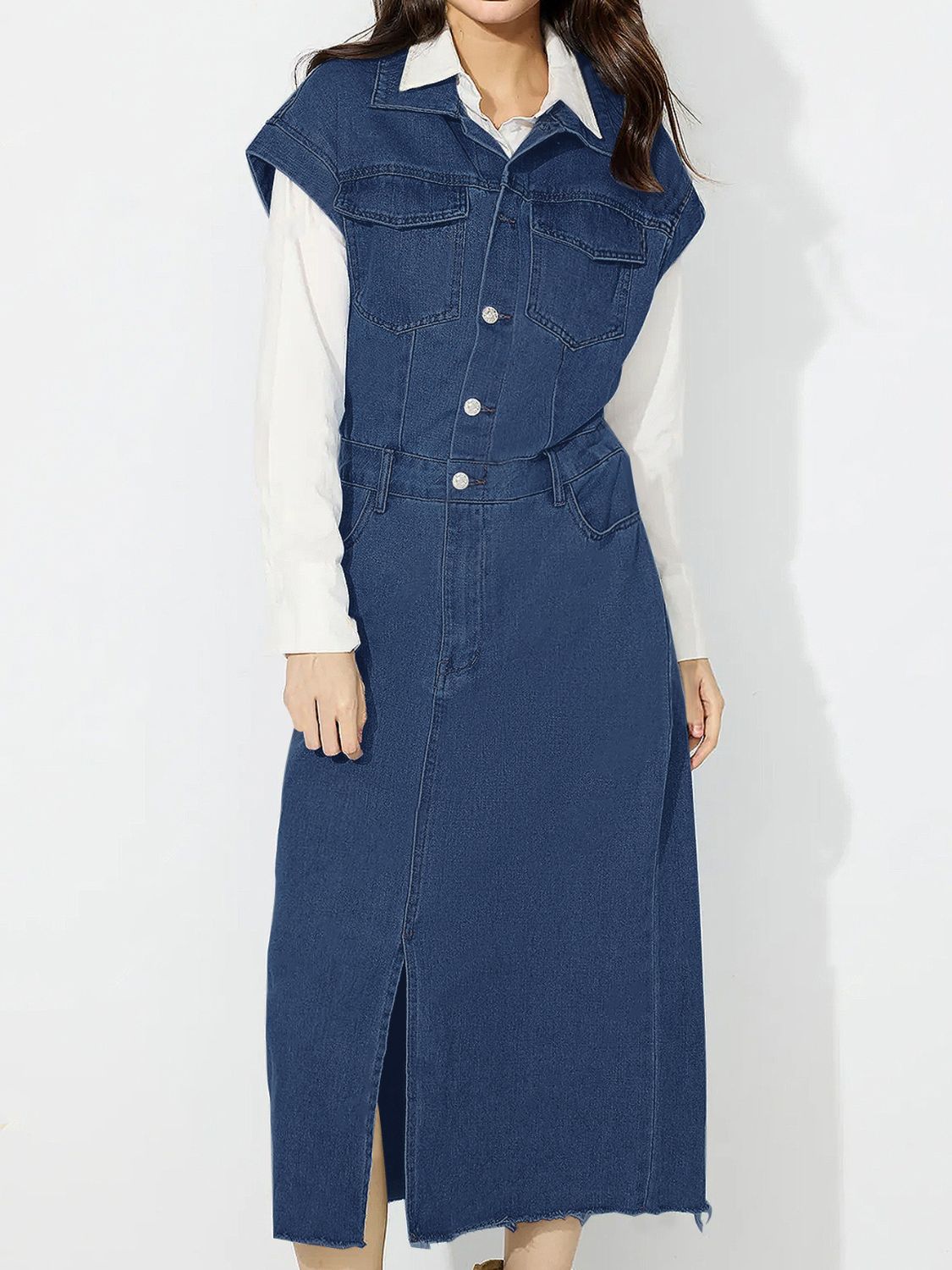 Slit Half Button Collared Neck Cap Sleeve Denim Dress-TOPS / DRESSES-[Adult]-[Female]-Dark-S-2022 Online Blue Zone Planet