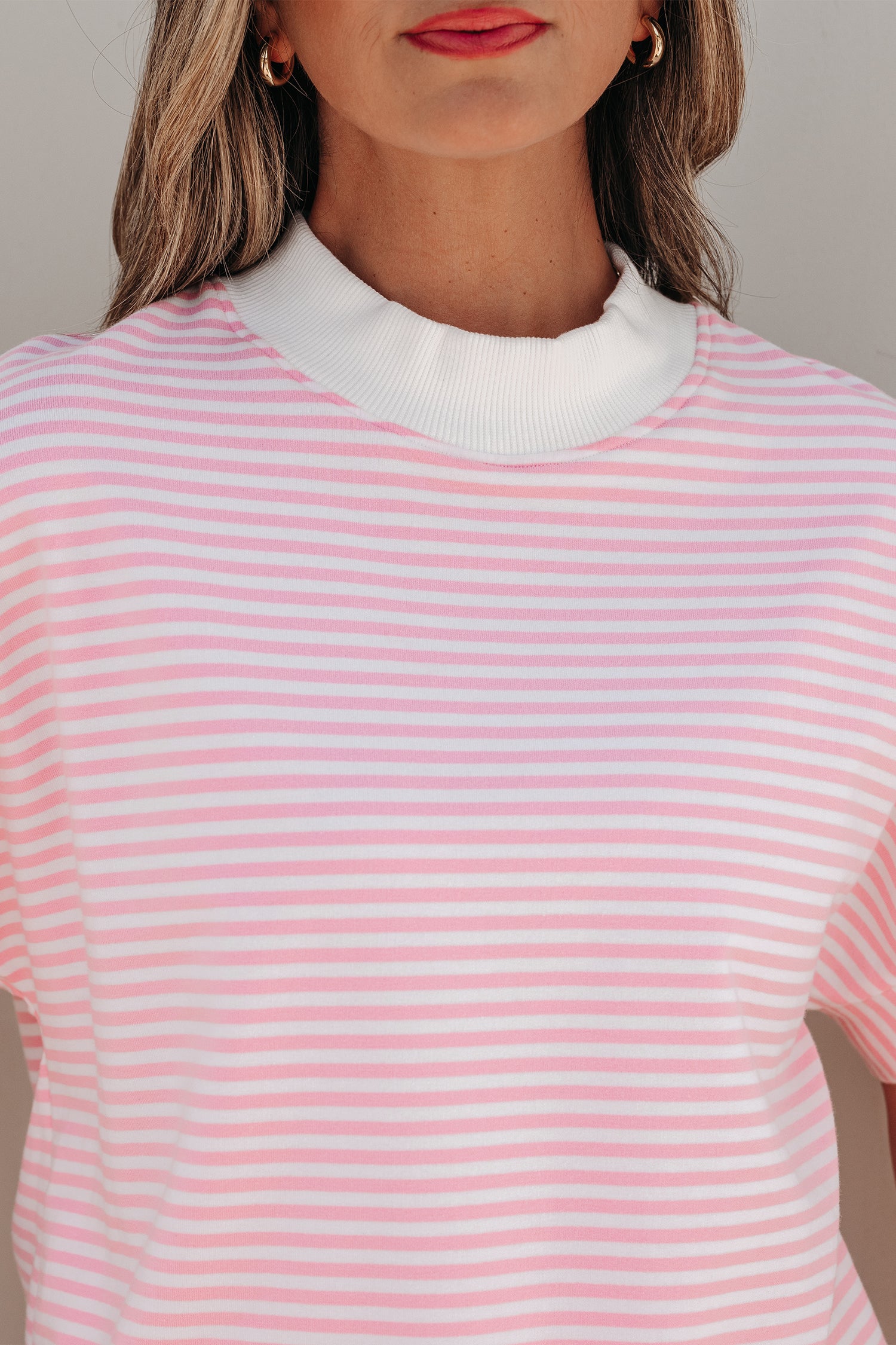 Pink Stripe Cuffed Sleeve Contrast Mock Neck Tee Casual 2pcs Short Set-Two Piece Sets/Short Sets-[Adult]-[Female]-2022 Online Blue Zone Planet