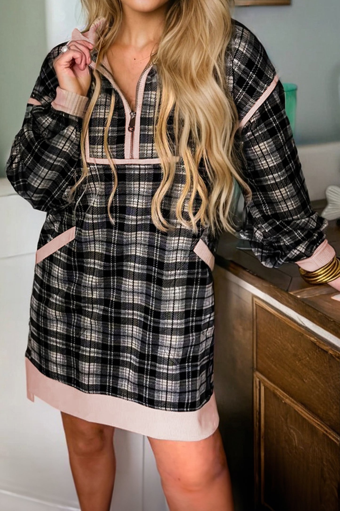 Black Plaid Polo Collar Zip up Contrast Trim Shift Long Sleeve Mini Dress-TOPS / DRESSES-[Adult]-[Female]-2022 Online Blue Zone Planet