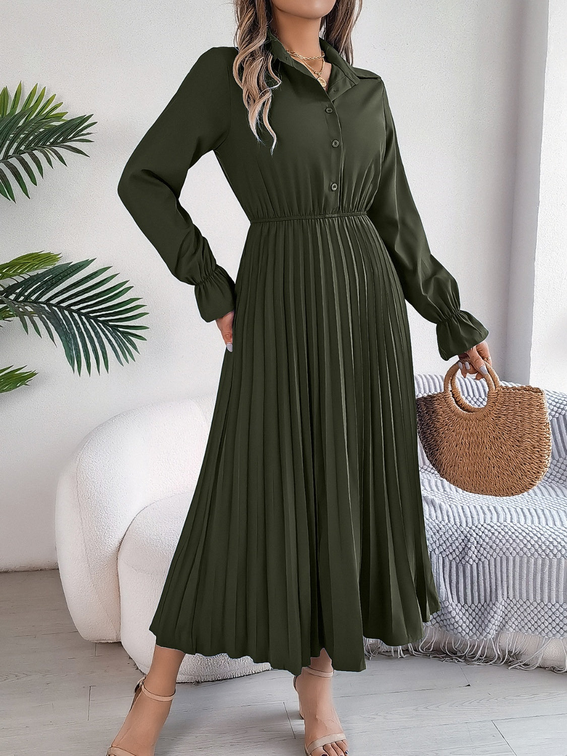 Blue Zone Planet | Pleated Half Button Long Sleeve Midi Dress-TOPS / DRESSES-[Adult]-[Female]-2022 Online Blue Zone Planet