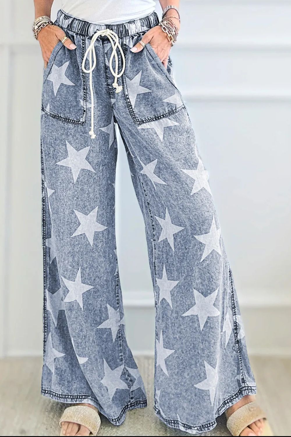 Drawstring Star Wide Leg Jeans-BOTTOMS SIZES SMALL MEDIUM LARGE-[Adult]-[Female]-Medium-6-2022 Online Blue Zone Planet