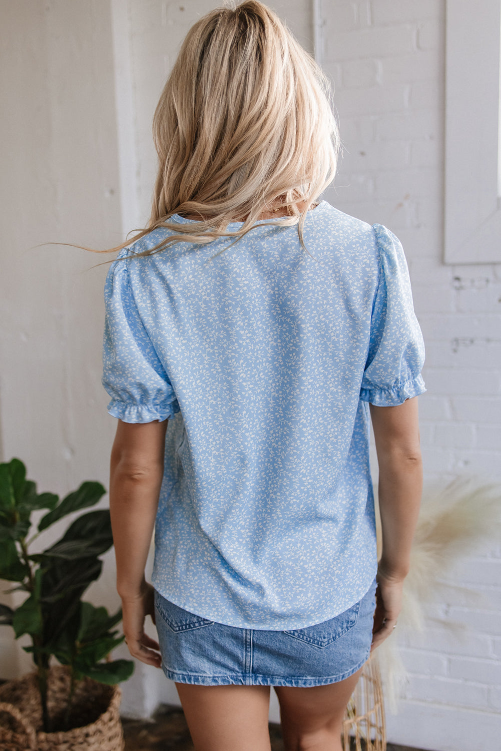 Sky Blue Floral Embroidered Puff Sleeve Notched V Neck Blouse-Tops/Blouses & Shirts-[Adult]-[Female]-2022 Online Blue Zone Planet