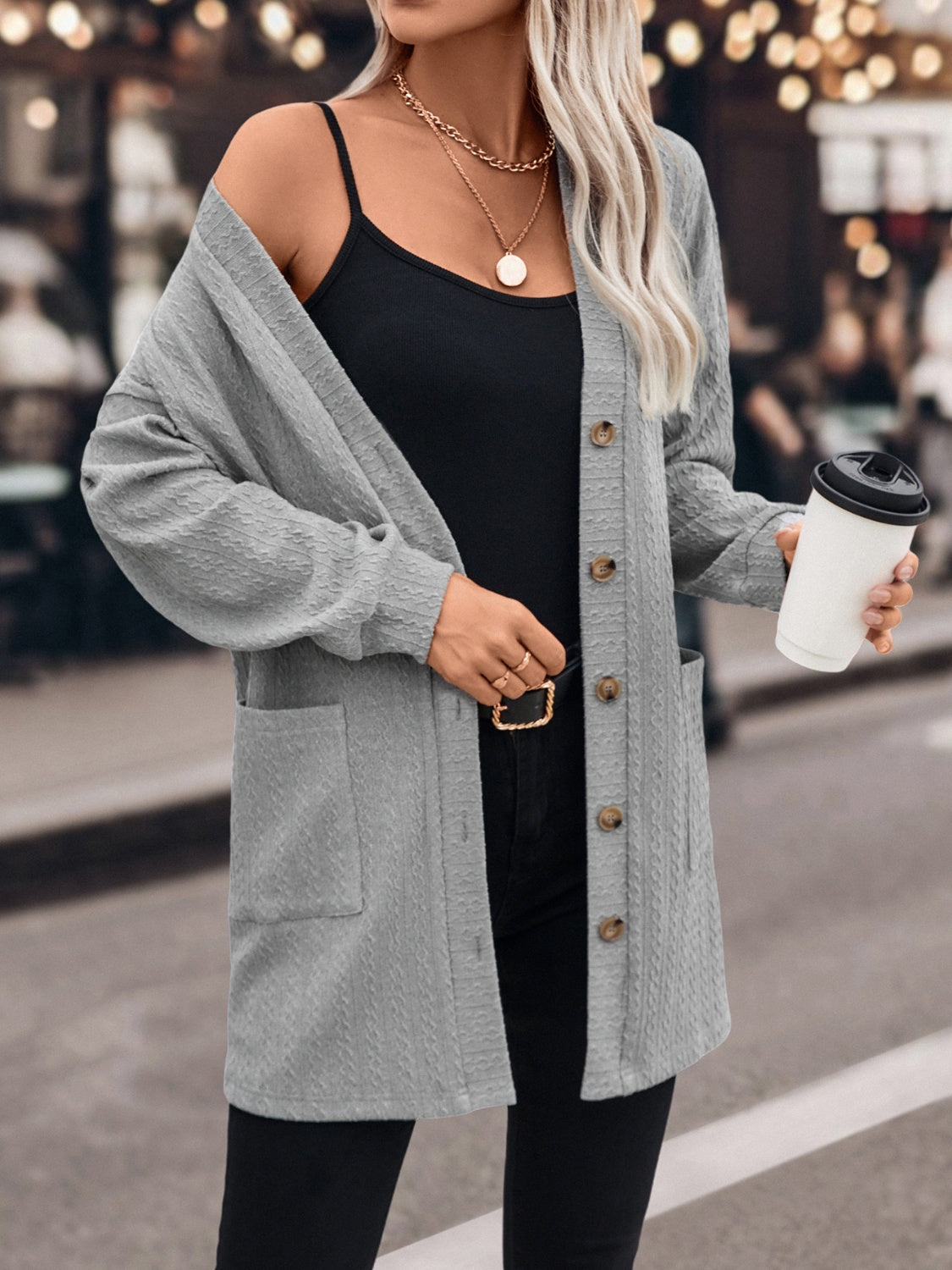 Textured Button Down V-Neck Long Sleeve Cardigan-TOPS / DRESSES-[Adult]-[Female]-2022 Online Blue Zone Planet