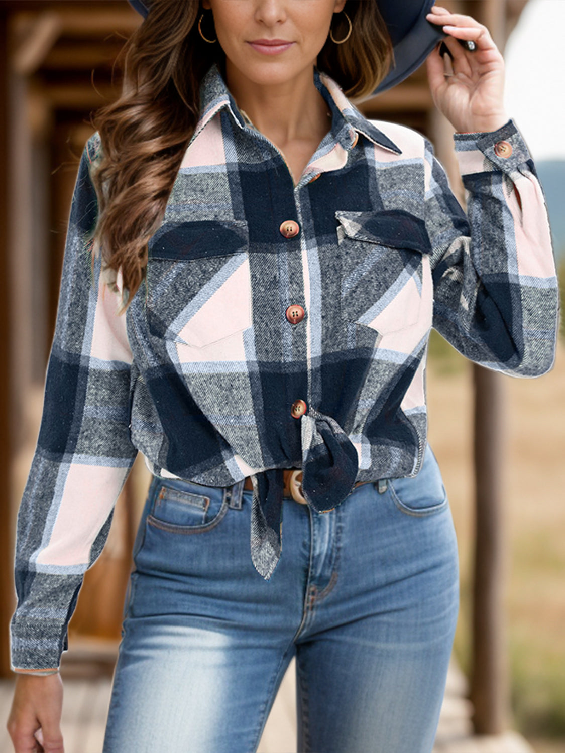 Full Size Pocketed Plaid Collared Neck Shacket-TOPS / DRESSES-[Adult]-[Female]-2022 Online Blue Zone Planet