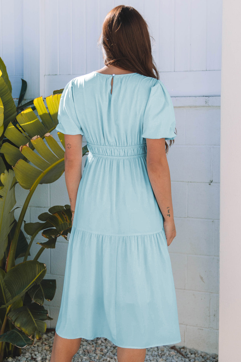 Light Blue Puff Sleeve Pleated High Waist Flowy Long Dress-Dresses/Maxi Dresses-[Adult]-[Female]-2022 Online Blue Zone Planet