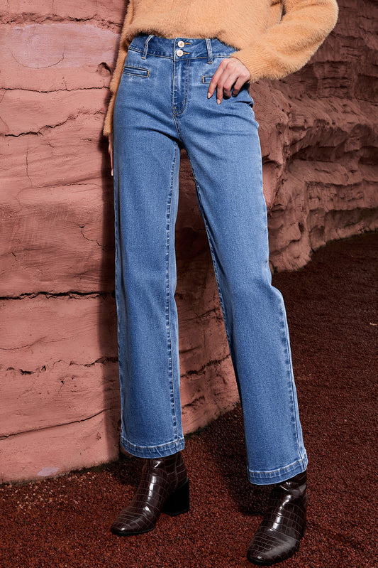 Light Blue Double Button High Rise Straight Leg Jeans-Bottoms/Jeans-[Adult]-[Female]-Light Blue-4-2022 Online Blue Zone Planet