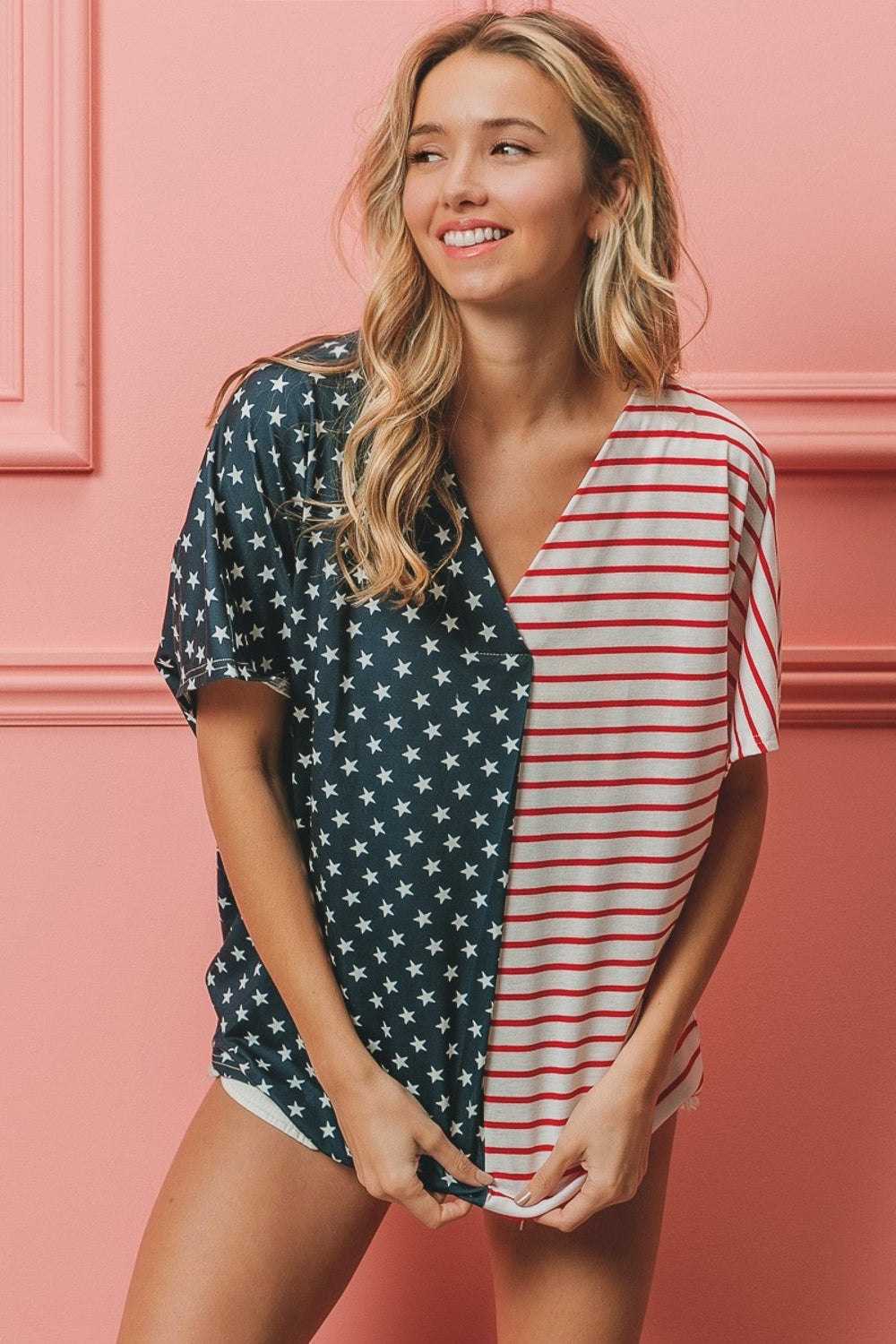 BiBi US Flag Themed Color Block Short Sleeve T-Shirt-TOPS / DRESSES-[Adult]-[Female]-Navy/Red Stripe-S-2022 Online Blue Zone Planet