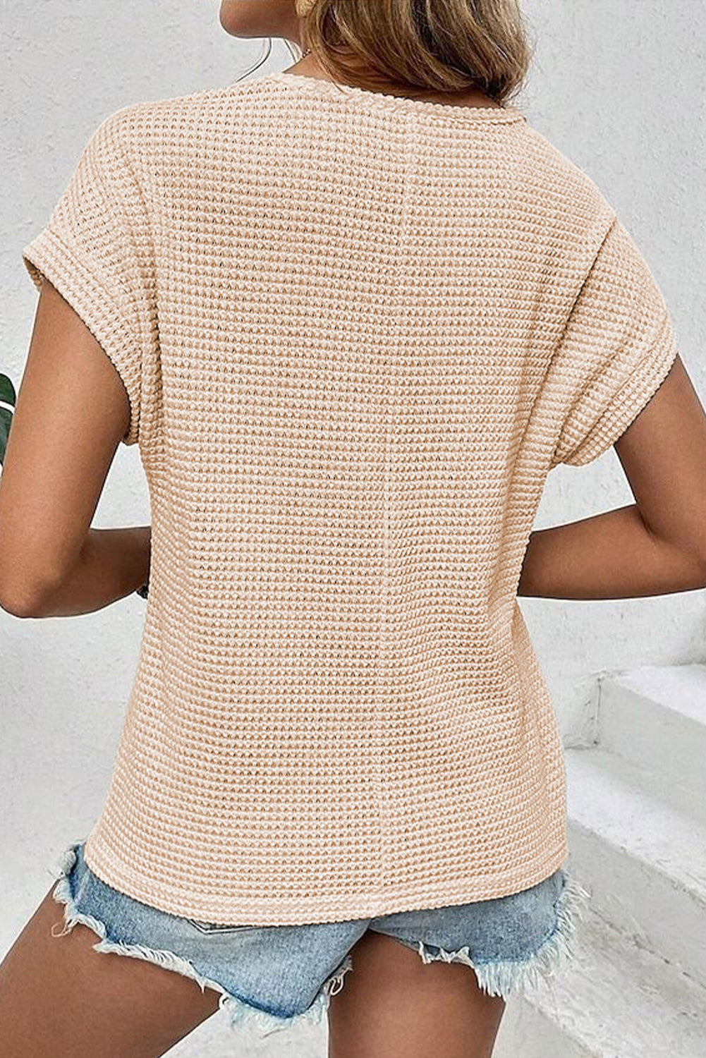 Oatmeal Lace Patchwork Waffle Short Sleeve Top-Tops/Tops & Tees-[Adult]-[Female]-2022 Online Blue Zone Planet