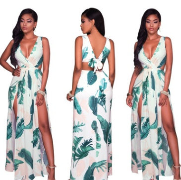 Cindy's Botanical Print Slit Backless V-Shaped Nightclub Maxi Dress-TOPS / DRESSES-[Adult]-[Female]-Green-L-2022 Online Blue Zone Planet