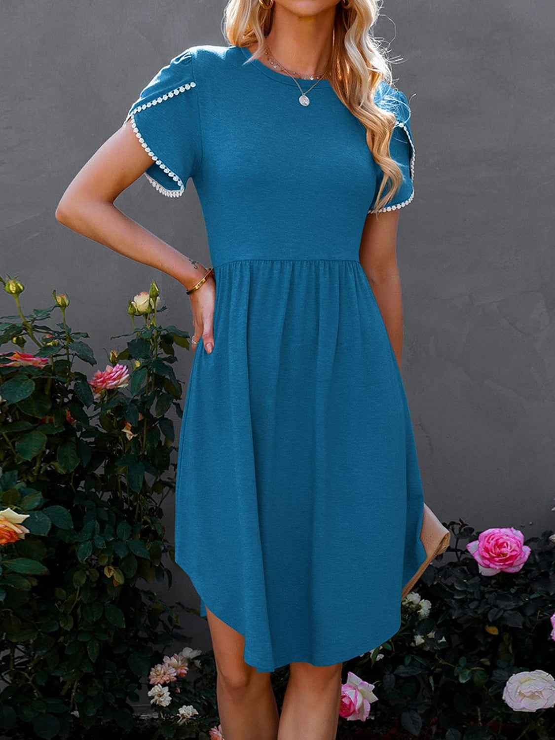 Blue Zone Planet | Round Neck Petal Sleeve Dress-TOPS / DRESSES-[Adult]-[Female]-Peacock Blue-S-2022 Online Blue Zone Planet