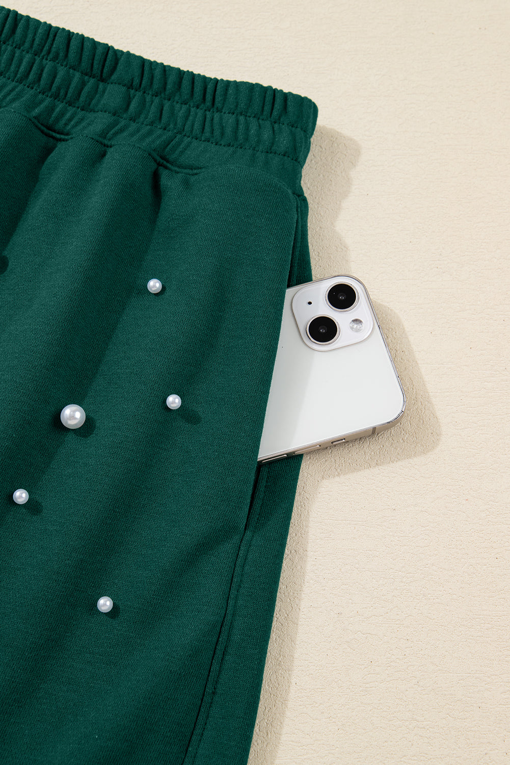 Dark Green Pearl Embellished Drop Shoulder Pullover Elastic Waist Mini Skirt Set-Two Piece Sets/Two Piece Dresses-[Adult]-[Female]-2022 Online Blue Zone Planet