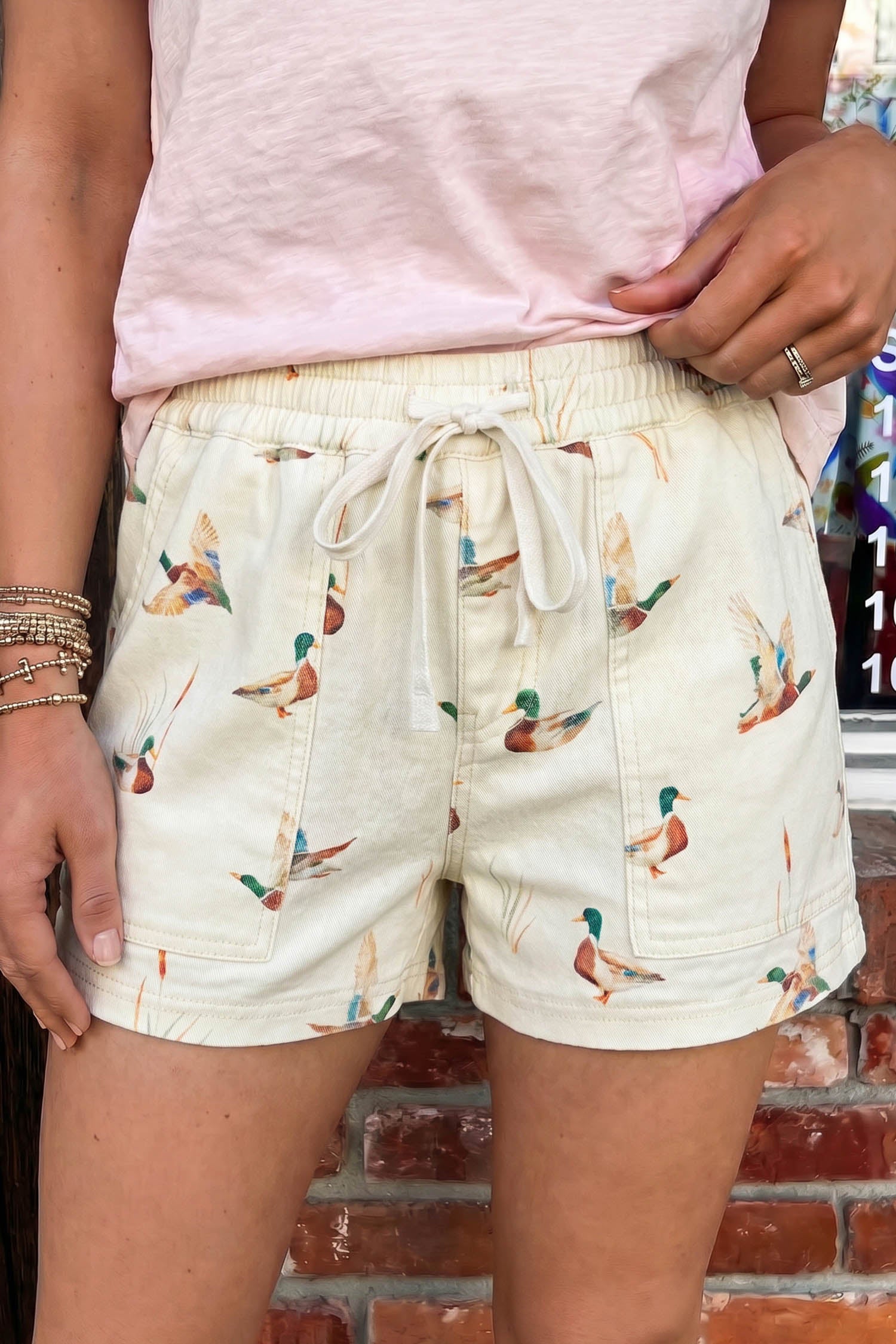 Beige Wild Duck Mallard Printed Drawstring Denim Shorts-Bottoms/Denim Shorts-[Adult]-[Female]-2022 Online Blue Zone Planet