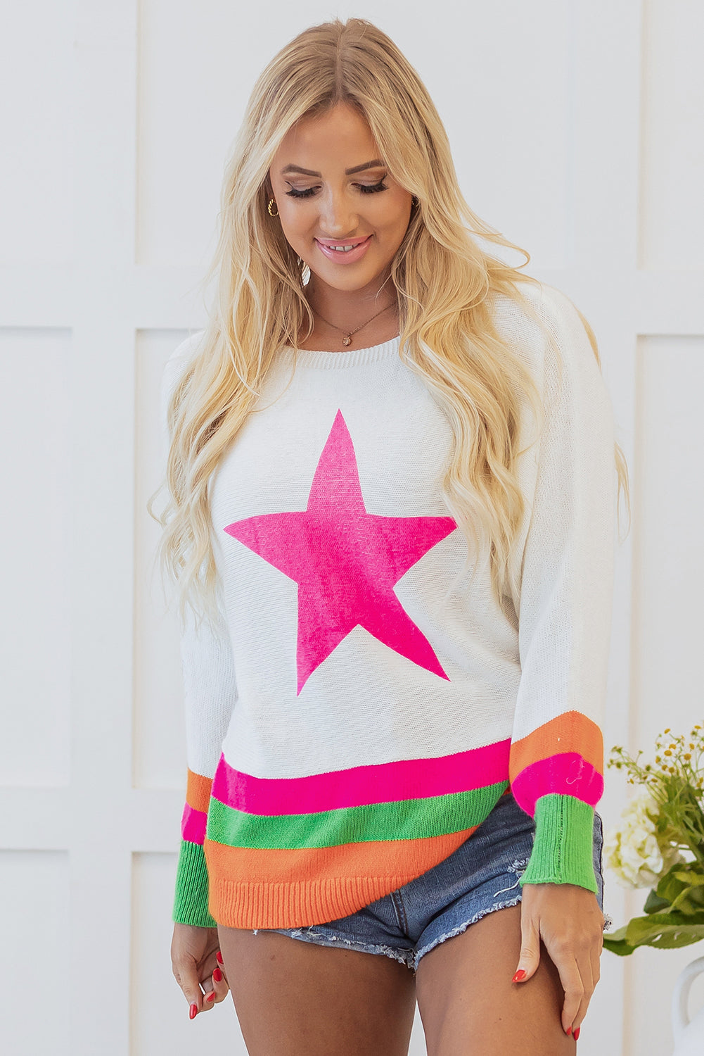 Blue Zone Planet | White Star Pattern Colorblock Striped Edge Drop Shoulder Sweater-Sweaters & Cardigans/Sweaters-[Adult]-[Female]-2022 Online Blue Zone Planet