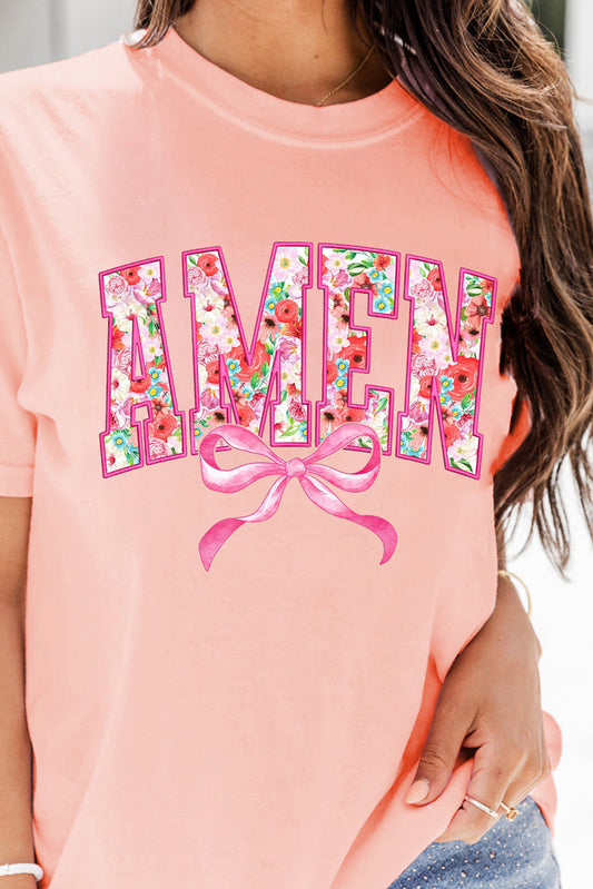 Pink Floral AMEN Bow Graphic Crewneck T Shirt-Graphic/Graphic Tees-[Adult]-[Female]-Pink-S-2022 Online Blue Zone Planet