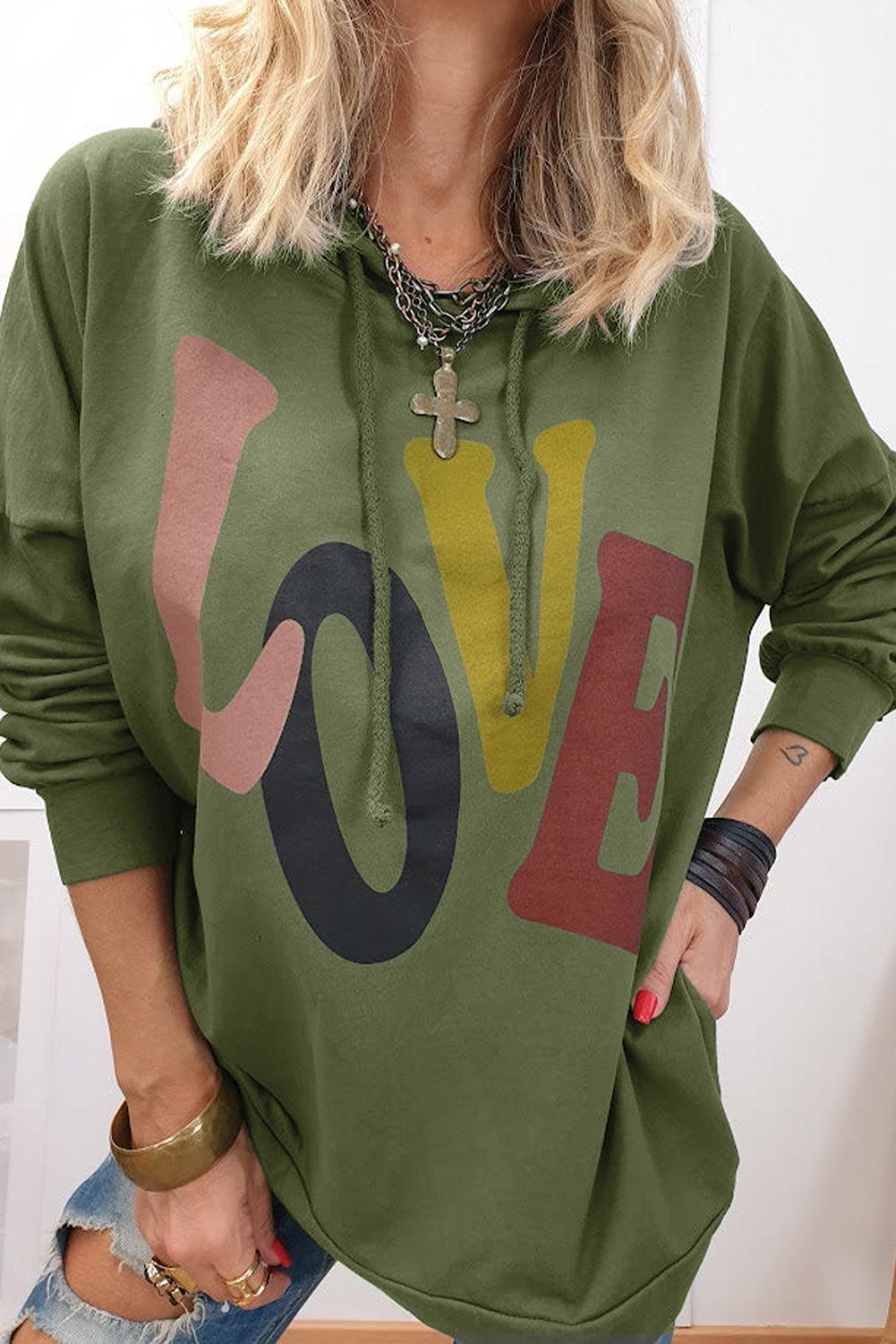 LOVE Drawstring Dropped Shoulder Hoodie-TOPS / DRESSES-[Adult]-[Female]-Matcha Green-S-2022 Online Blue Zone Planet