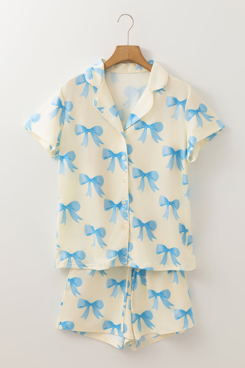 Blue Zone Planet | Yellow Bow Printed Short Sleeve Shirt Shorts Pajama Set-Loungewear & Sleepwear/Sleepwear-[Adult]-[Female]-2022 Online Blue Zone Planet