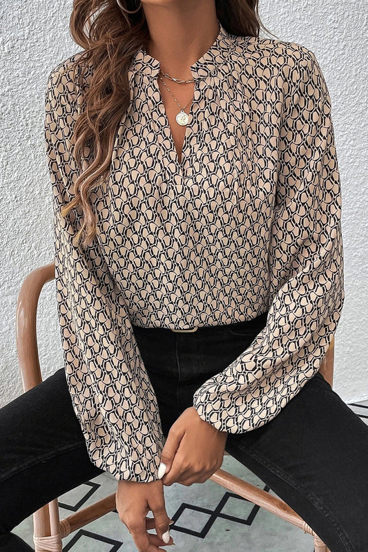 Khaki Geometric Print Notched Neck Long Sleeve Blouse-Blouses-[Adult]-[Female]-Khaki-S-2022 Online Blue Zone Planet