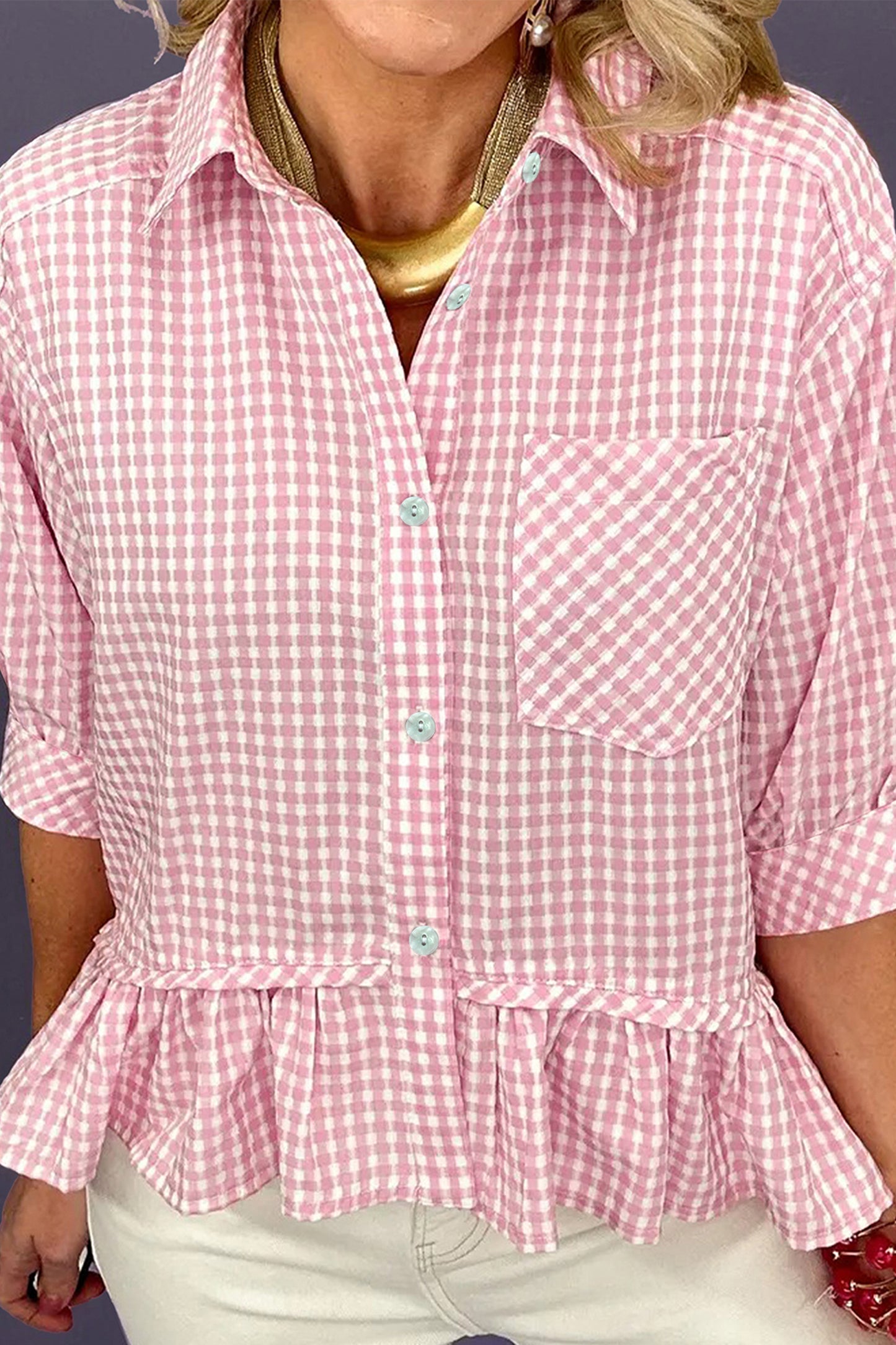 Pink Plaid Half Sleeve Ruffle Hem Button Down Shirt-Tops/Blouses & Shirts-[Adult]-[Female]-2022 Online Blue Zone Planet