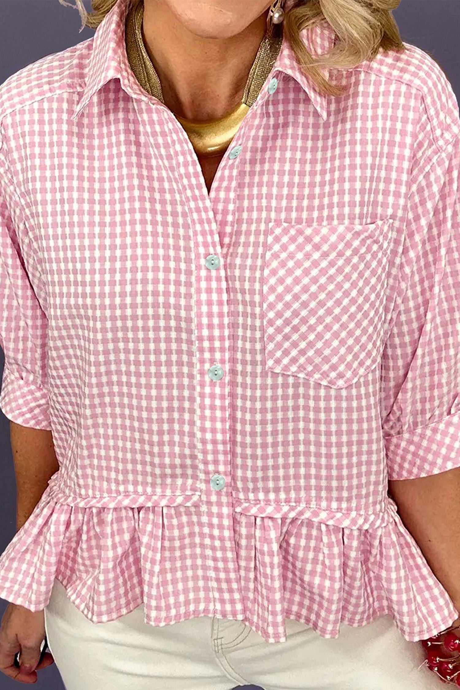 Pink Plaid Half Sleeve Ruffle Hem Button Down Shirt-Tops/Blouses & Shirts-[Adult]-[Female]-2022 Online Blue Zone Planet