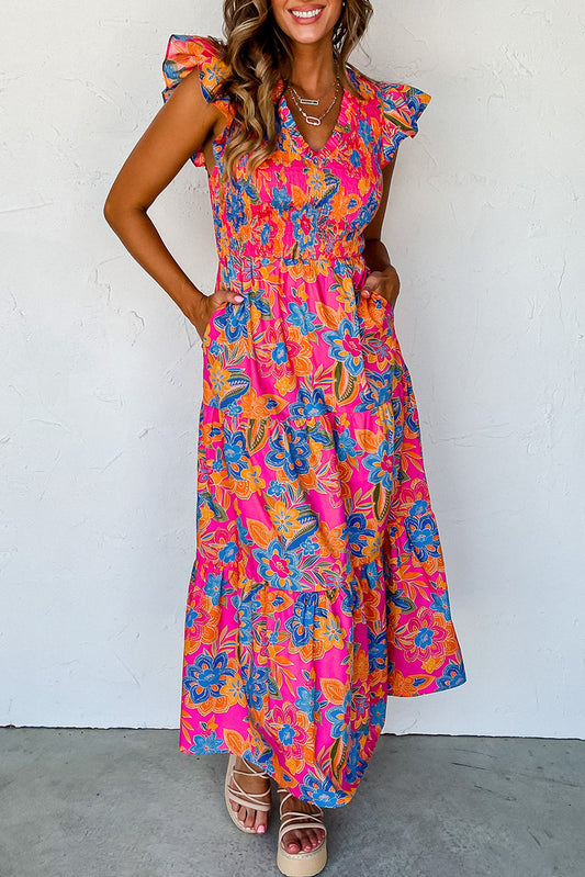 Blue Zone Planet |  Rose Red Boho Floral V Neck Ruffle Tiered Long Dress Blue Zone Planet