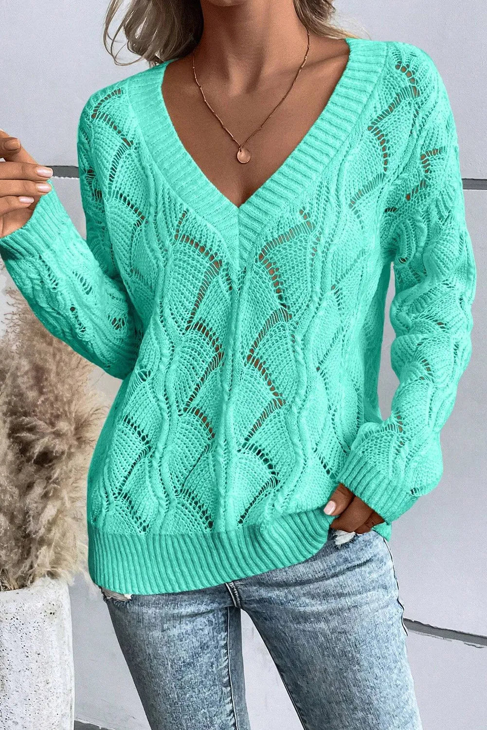 Openwork V-Neck Long Sleeve Sweater-TOPS / DRESSES-[Adult]-[Female]-2022 Online Blue Zone Planet